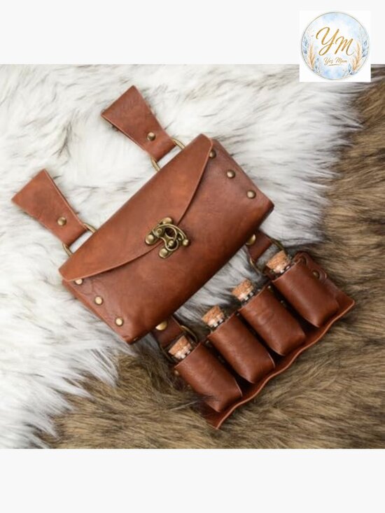 Medieval Alchemist Belt Pouch with Potion Vials, Faux Leather Waist Pack for